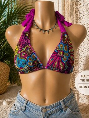 Becca Size D Multicolor Paisley Halter Bikini Top Pink Tie Neck Boho Swim resort